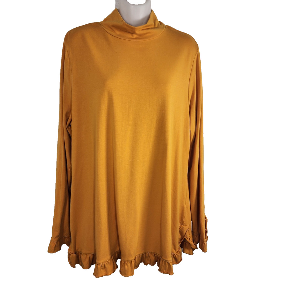 Isaac Mizrahi Live! Womens Mock Neck Knit Tunic Ruffle Hem Long Sleeve Mustard L